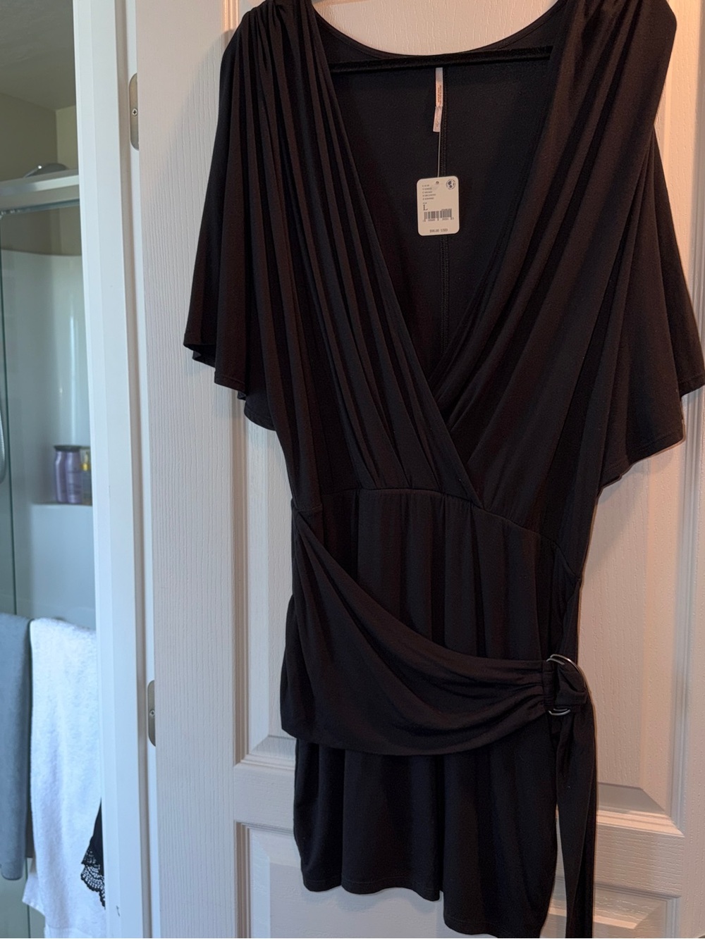 Free People Black Wrap-Style Mini Dress with Side Ring Tie